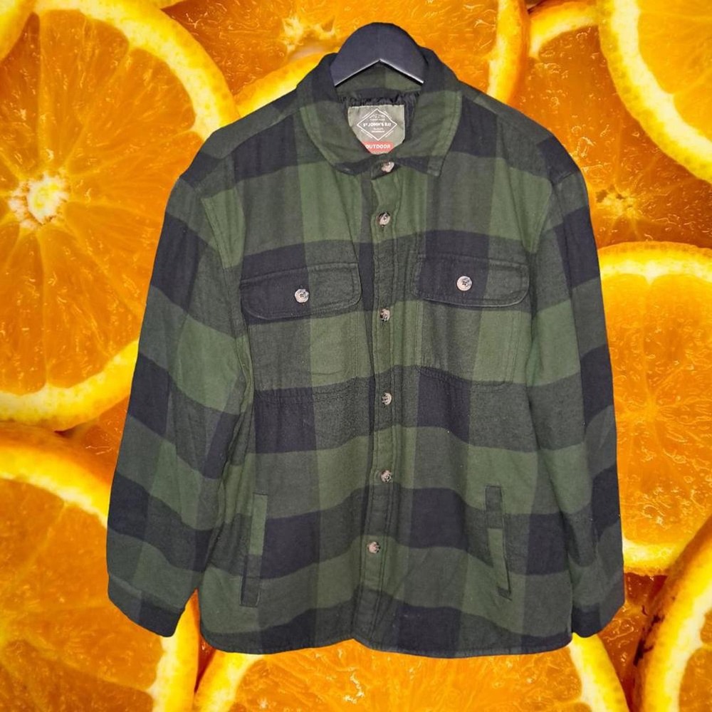 St Johns Bay Outdoor Green and Black Flannel Lined‎ Button Up Jacket Size L